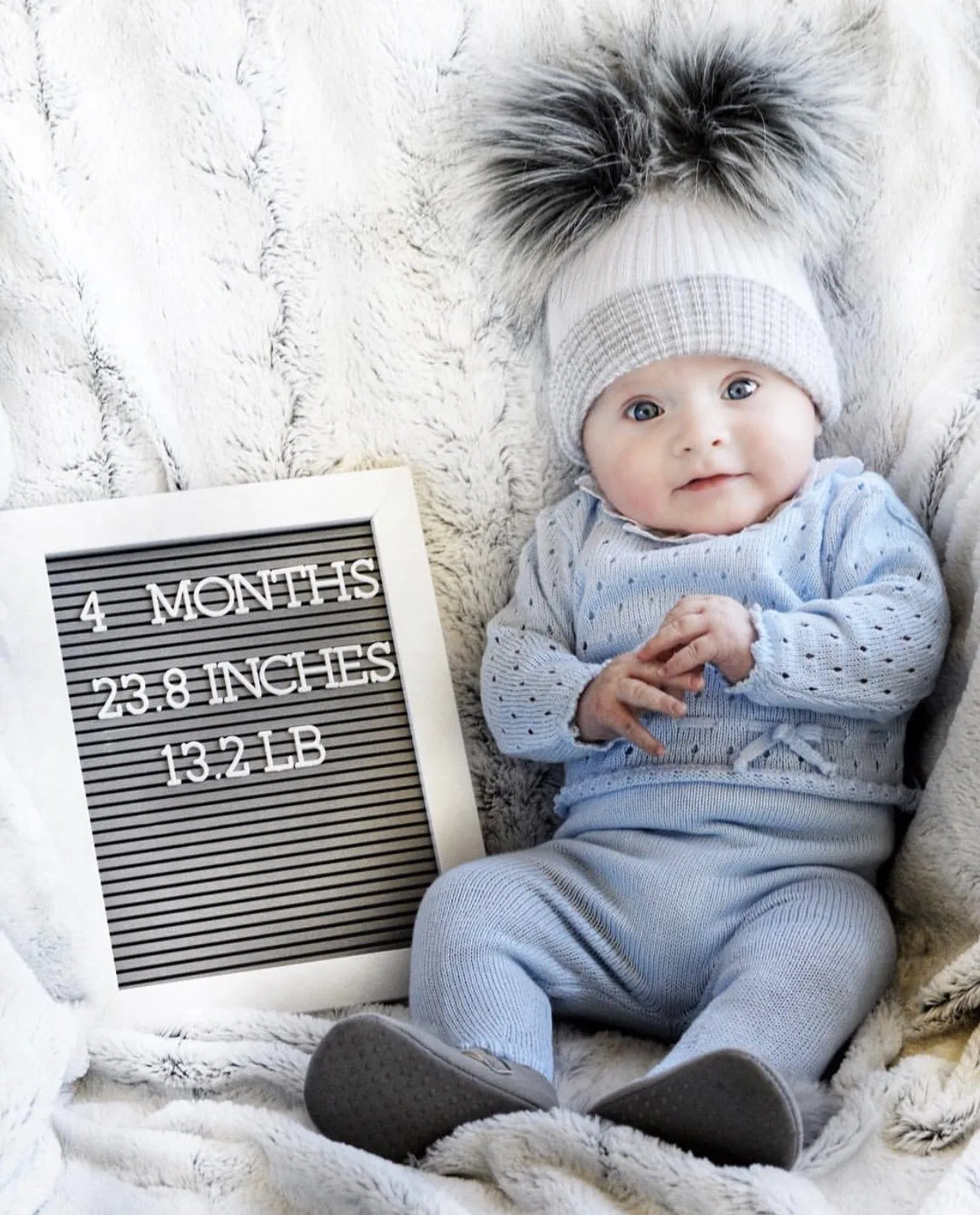 First Size White & Grey Double Pom Pom Hat