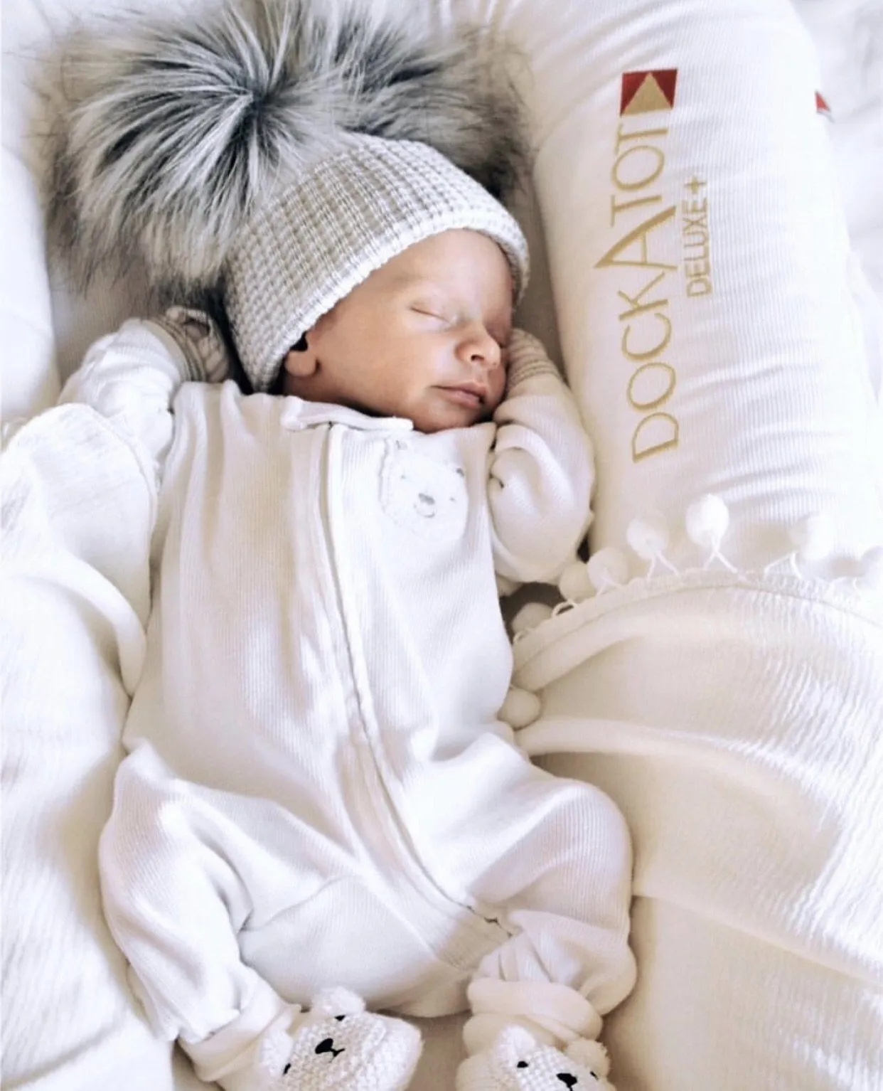 First Size White & Grey Double Pom Pom Hat