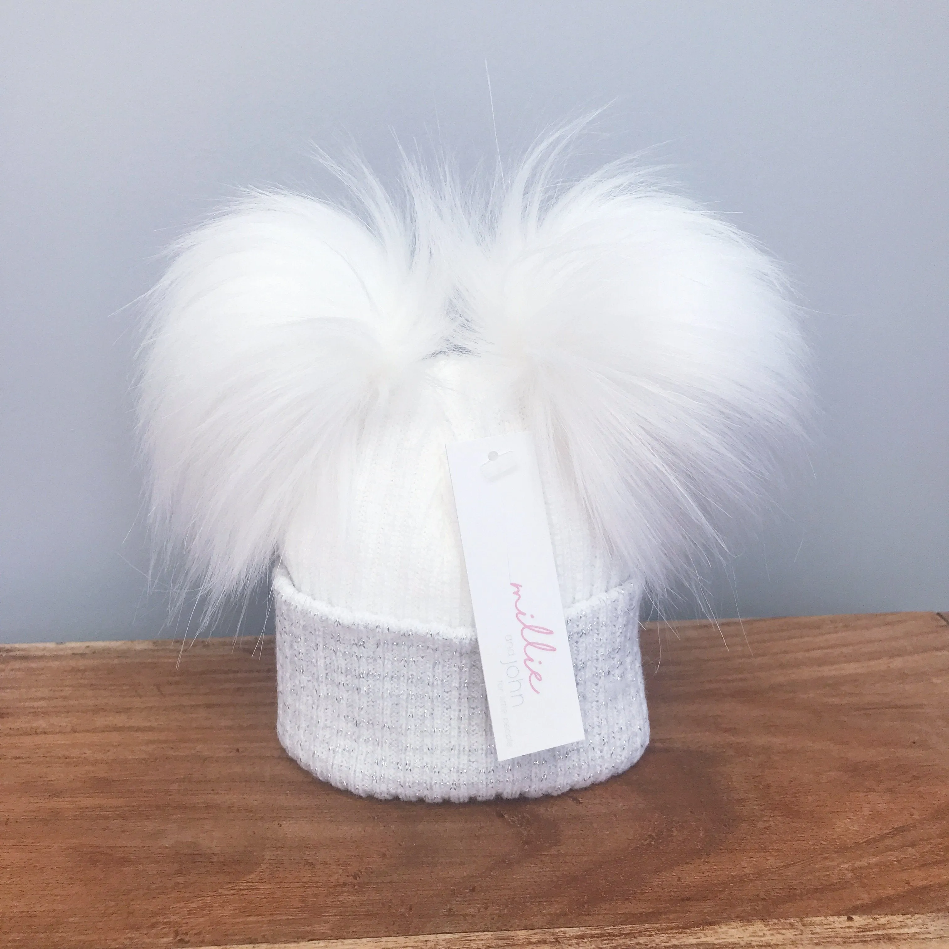 First Size White & Silver Double Pom Pom Hat