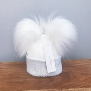 First Size White & Silver Double Pom Pom Hat