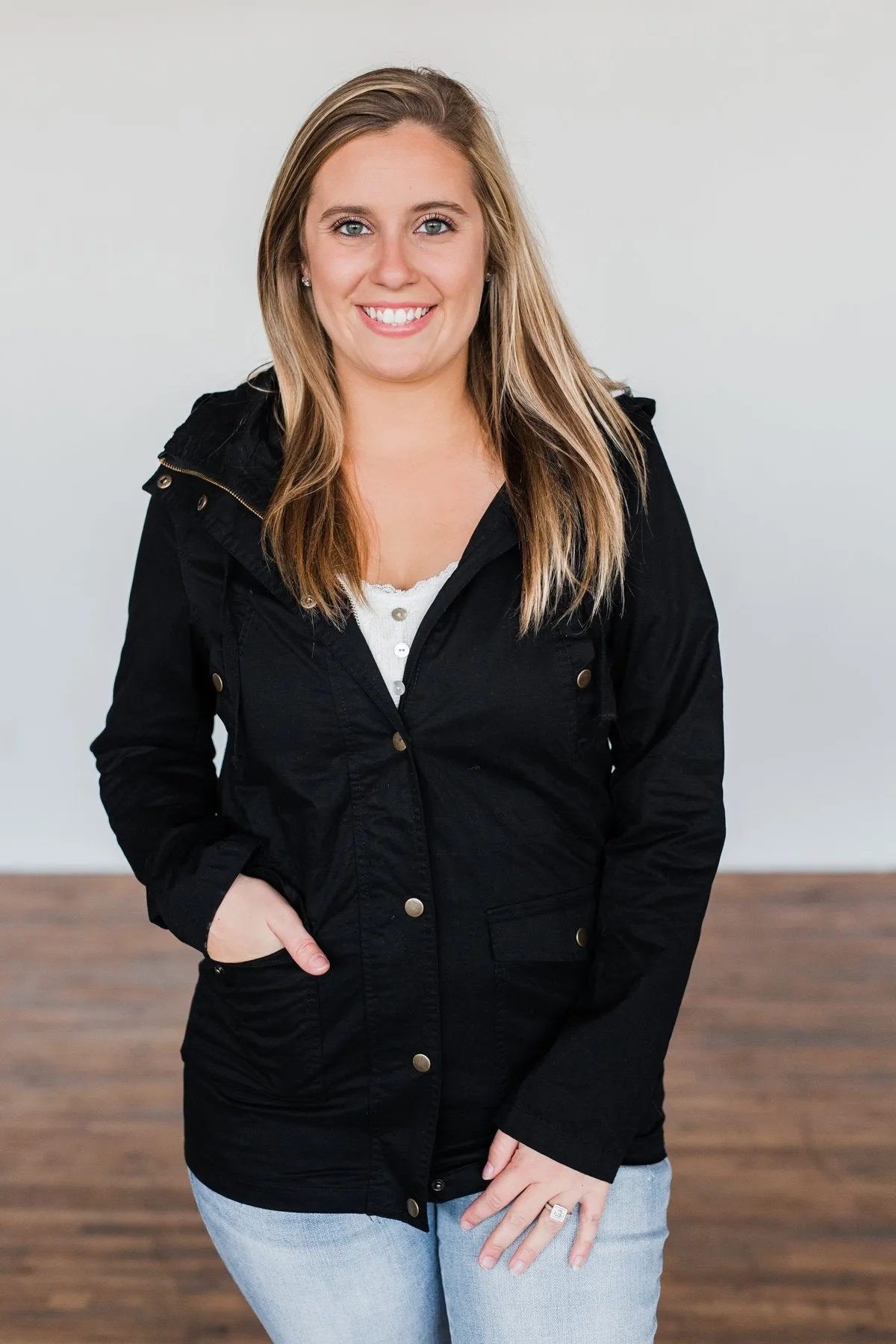 Flannel Lined Hood Utility Jacket- Black
