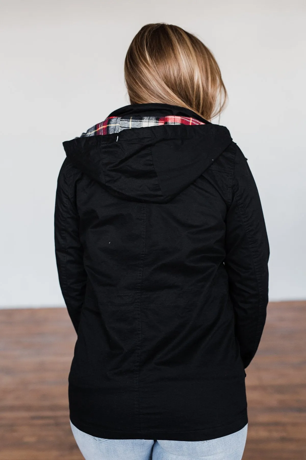 Flannel Lined Hood Utility Jacket- Black