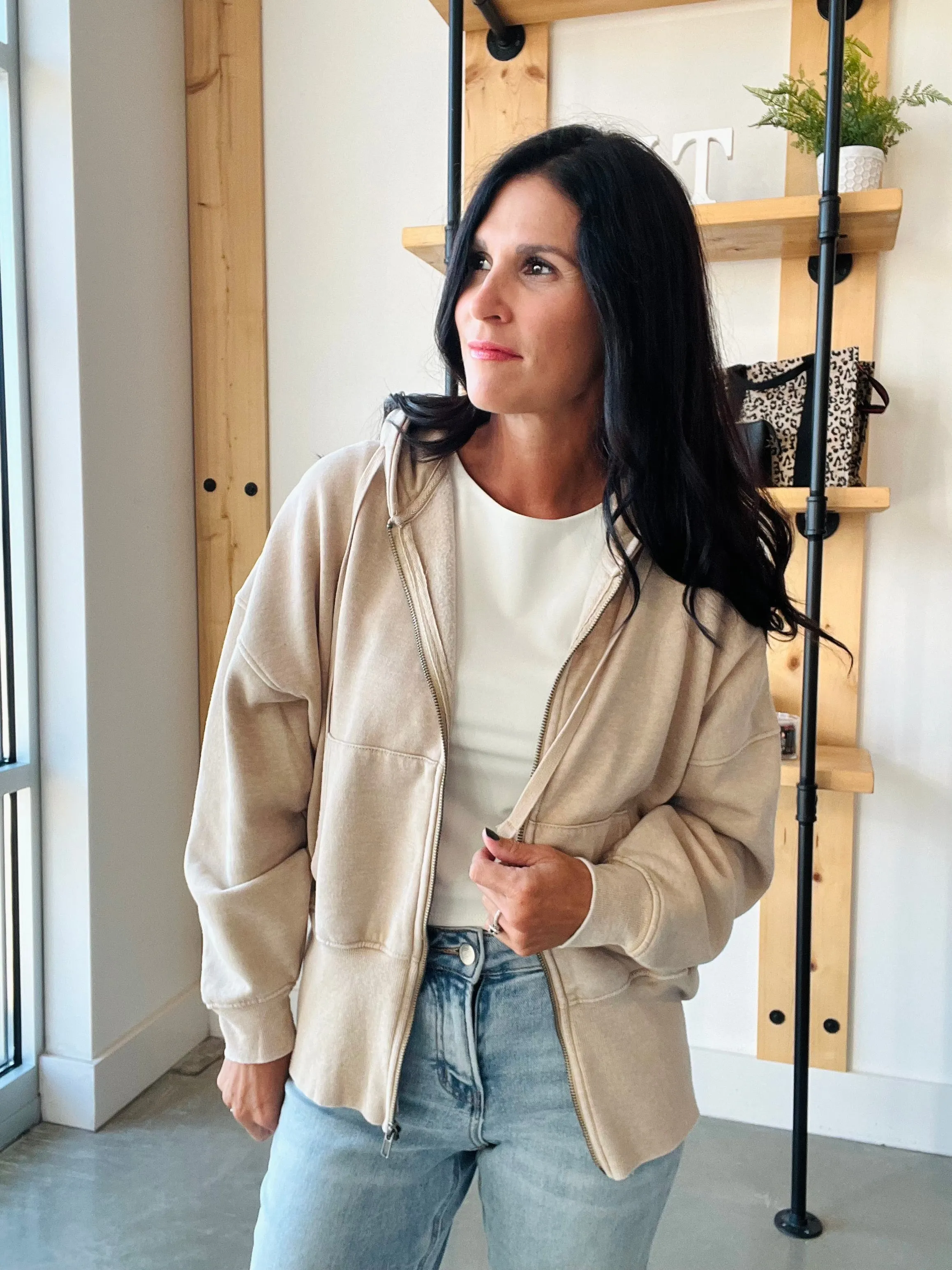 Fleece Hoodie Jacket in Natural