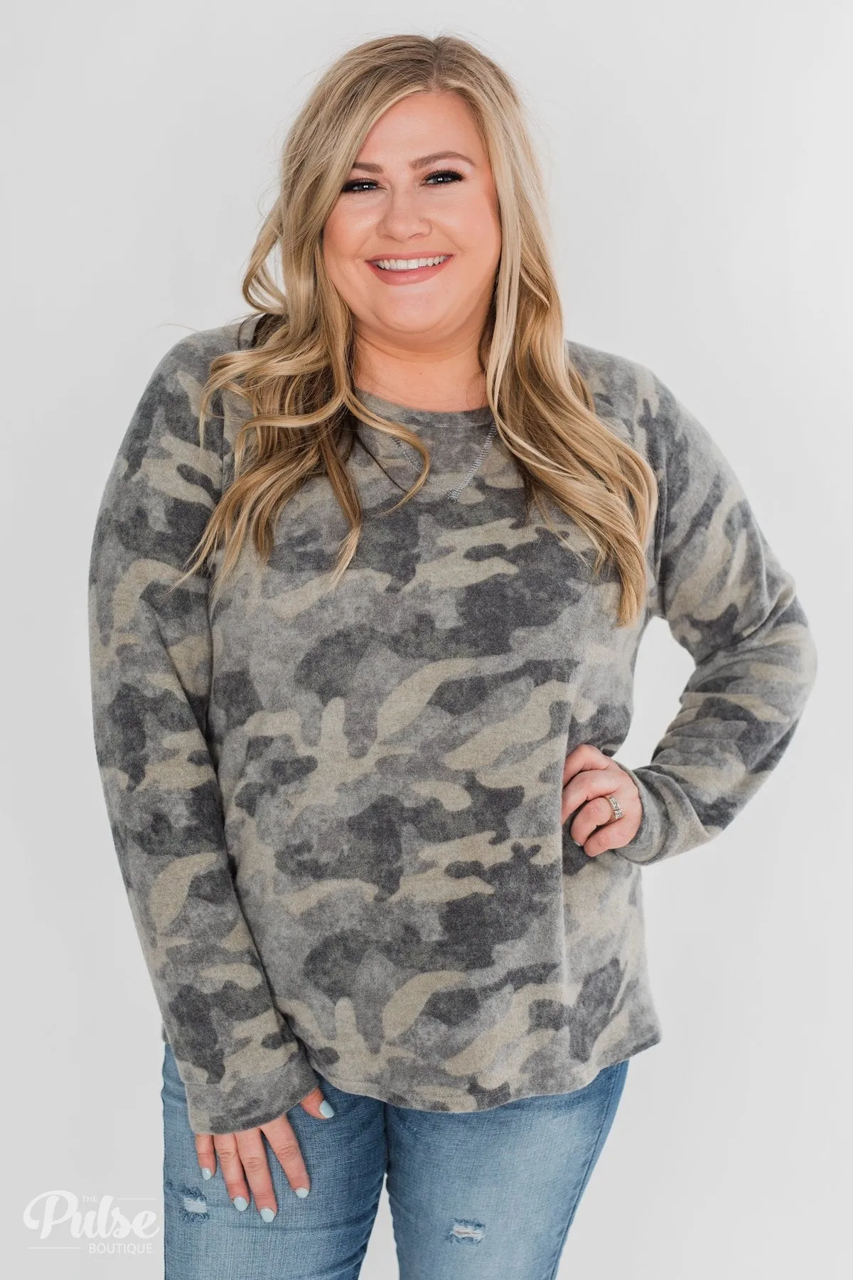 Fleece Pullover Top- Grey Camo