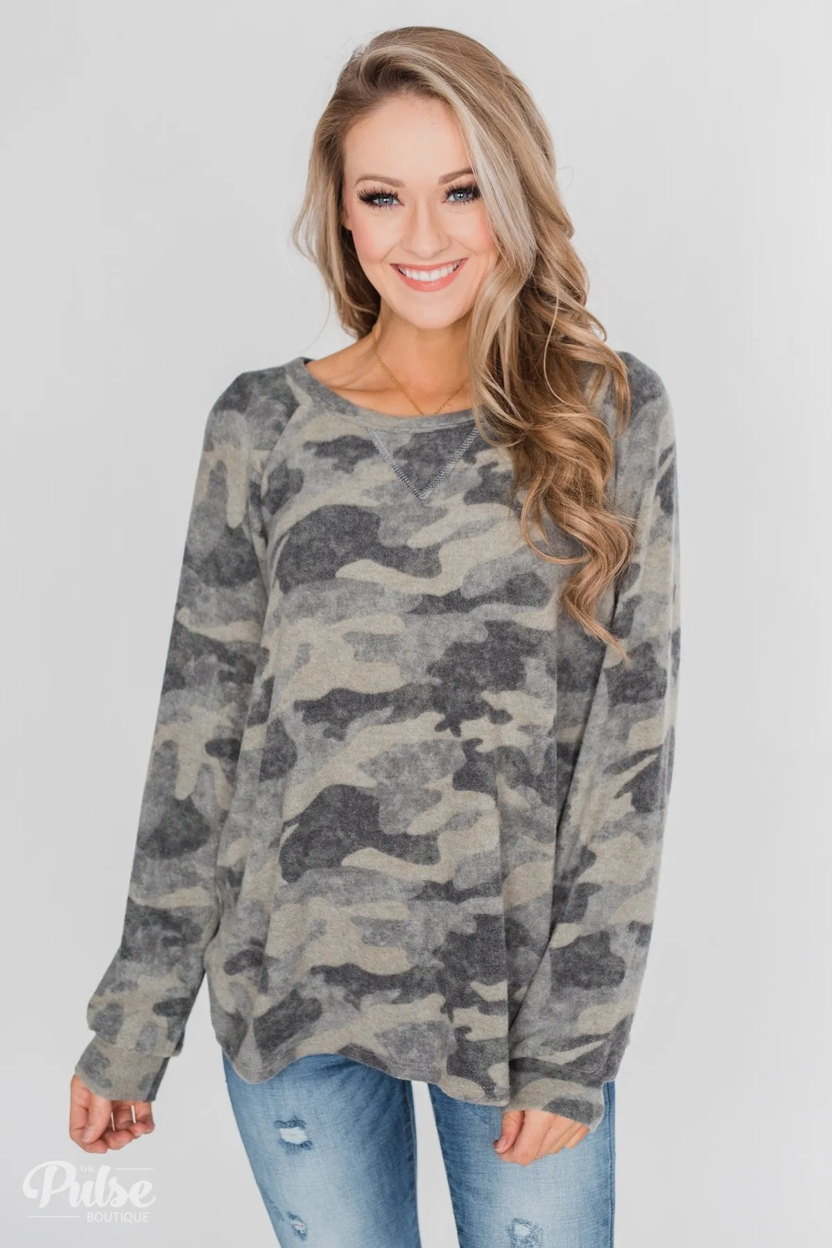 Fleece Pullover Top- Grey Camo