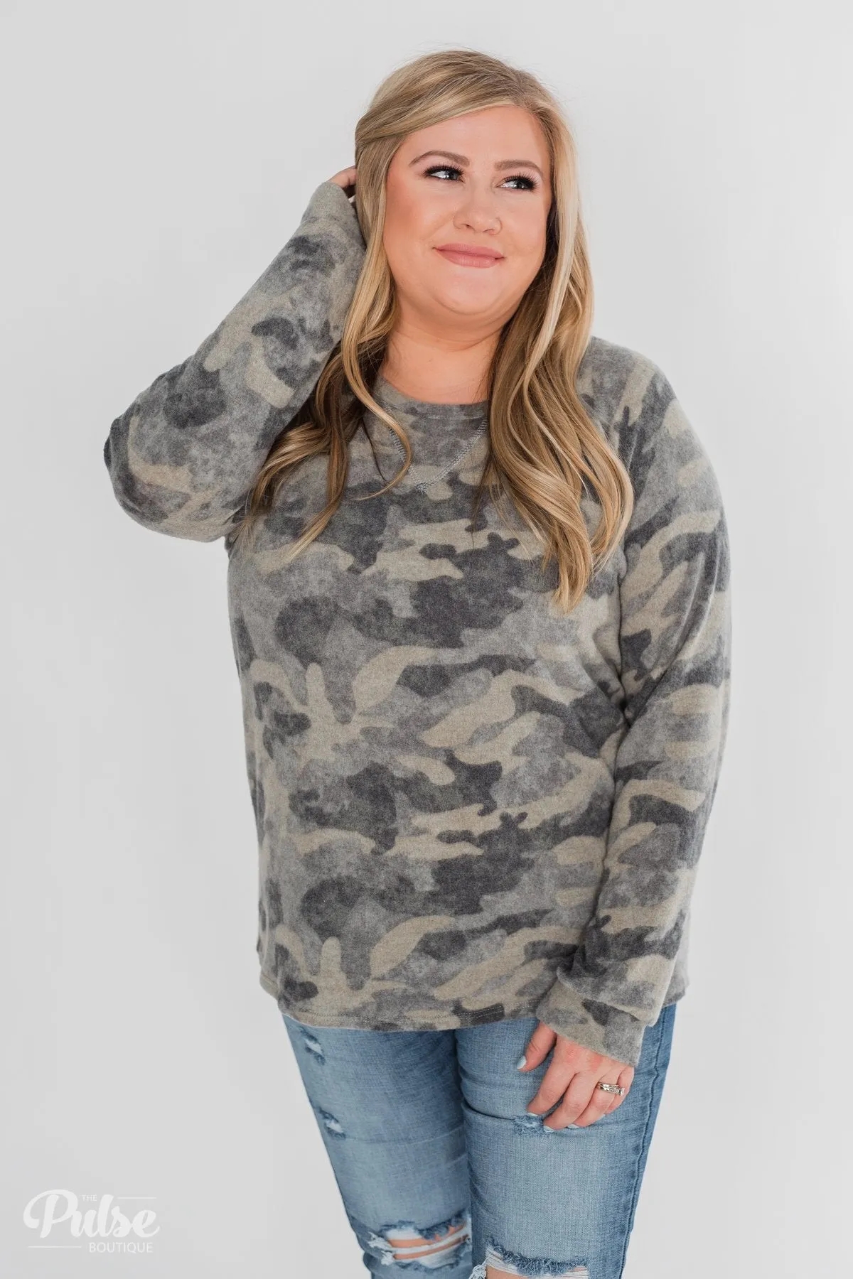 Fleece Pullover Top- Grey Camo