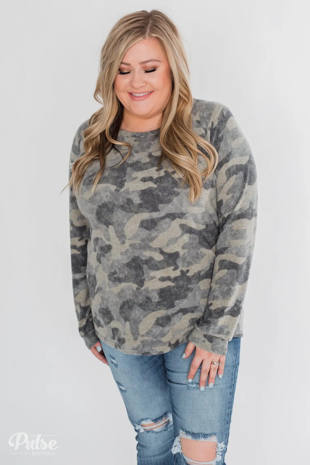 Fleece Pullover Top- Grey Camo