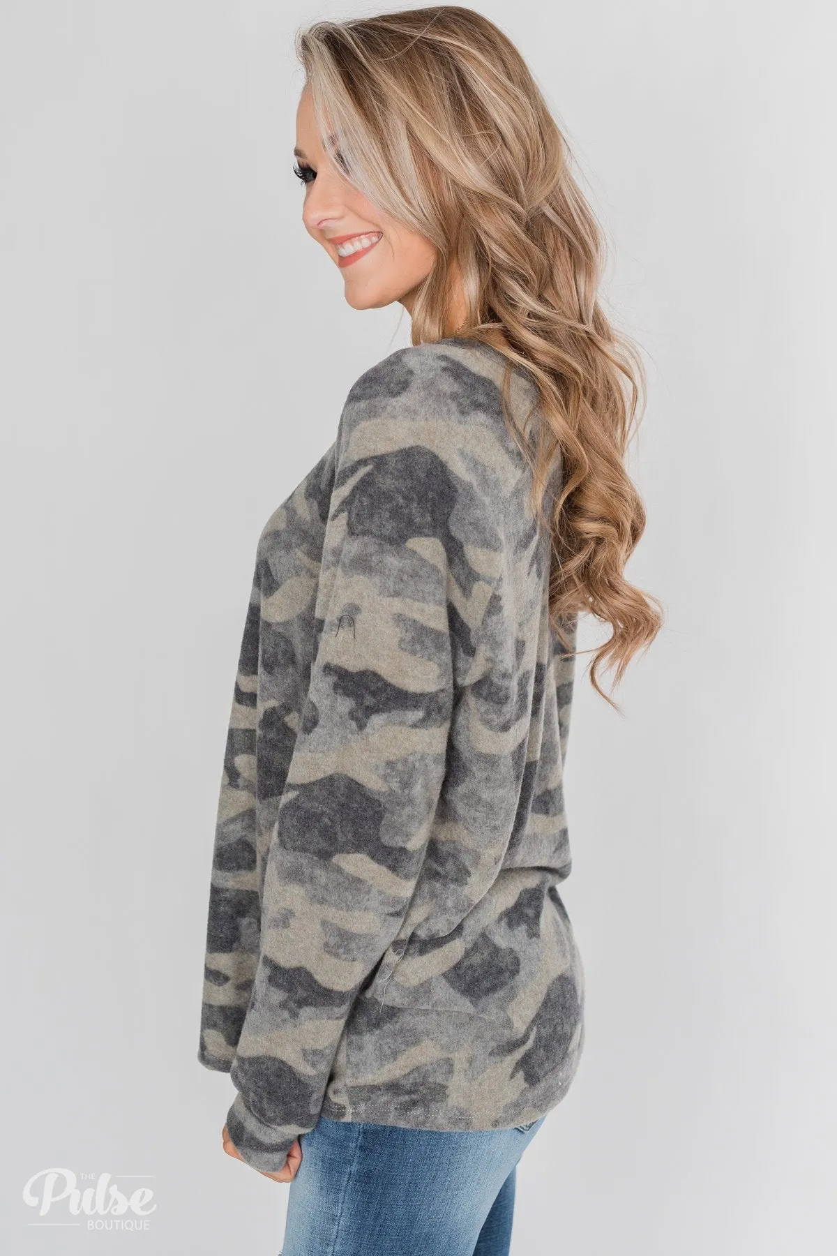 Fleece Pullover Top- Grey Camo