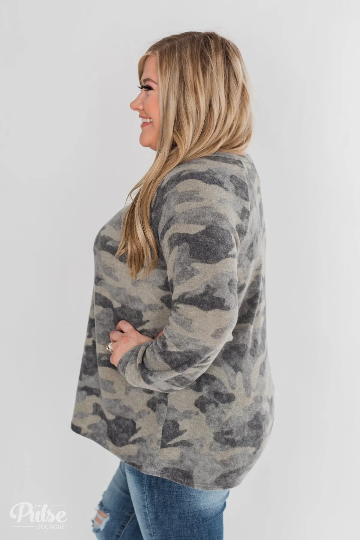 Fleece Pullover Top- Grey Camo