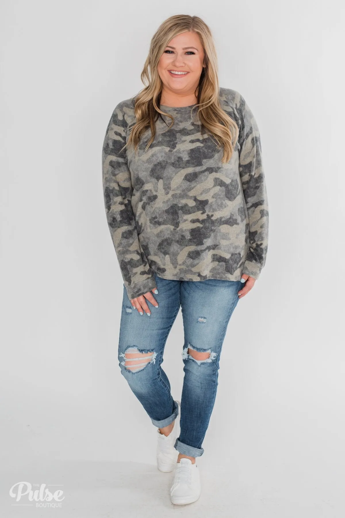 Fleece Pullover Top- Grey Camo