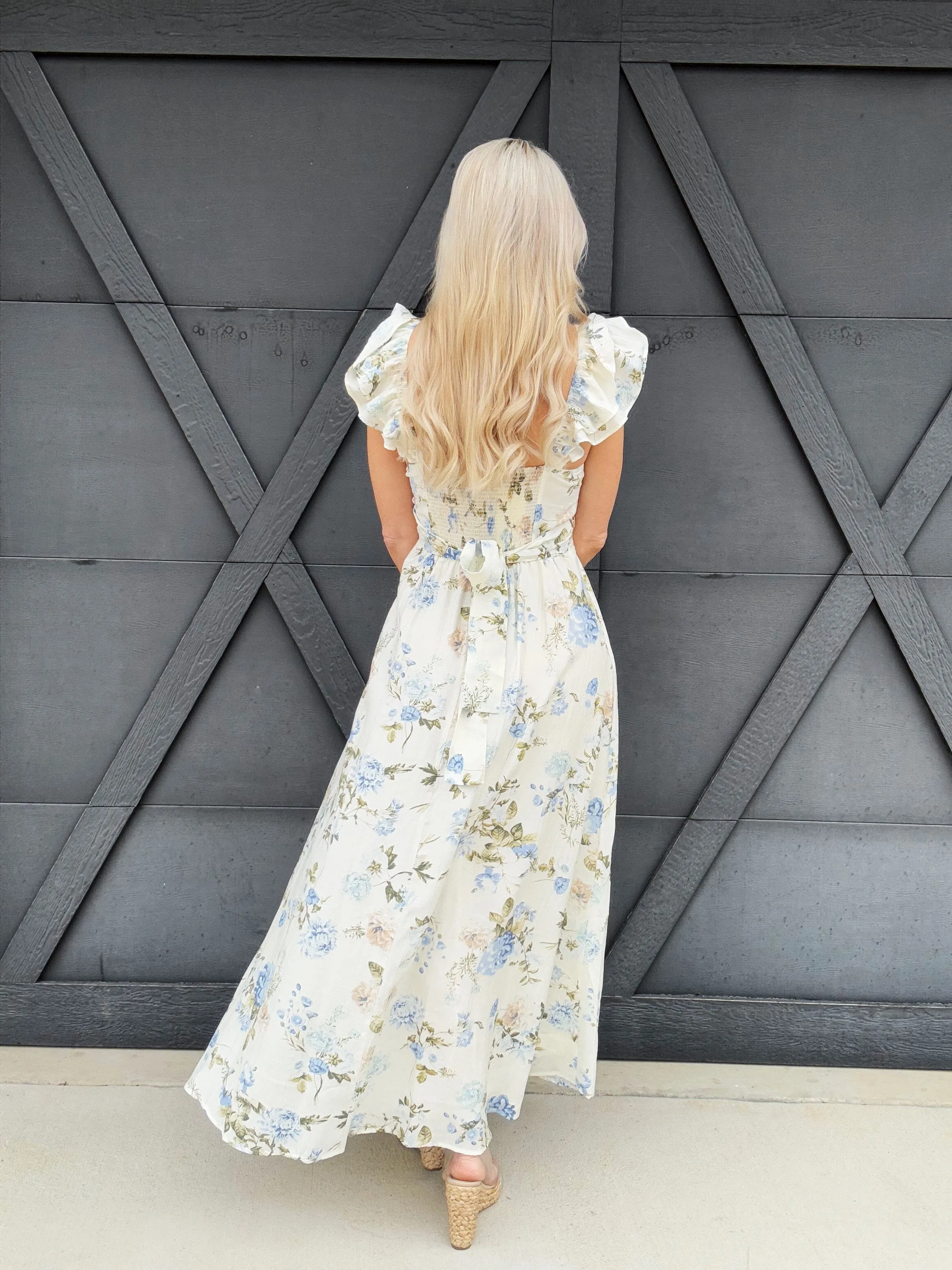 Floral Ruched Front Maxi Dress In Blue