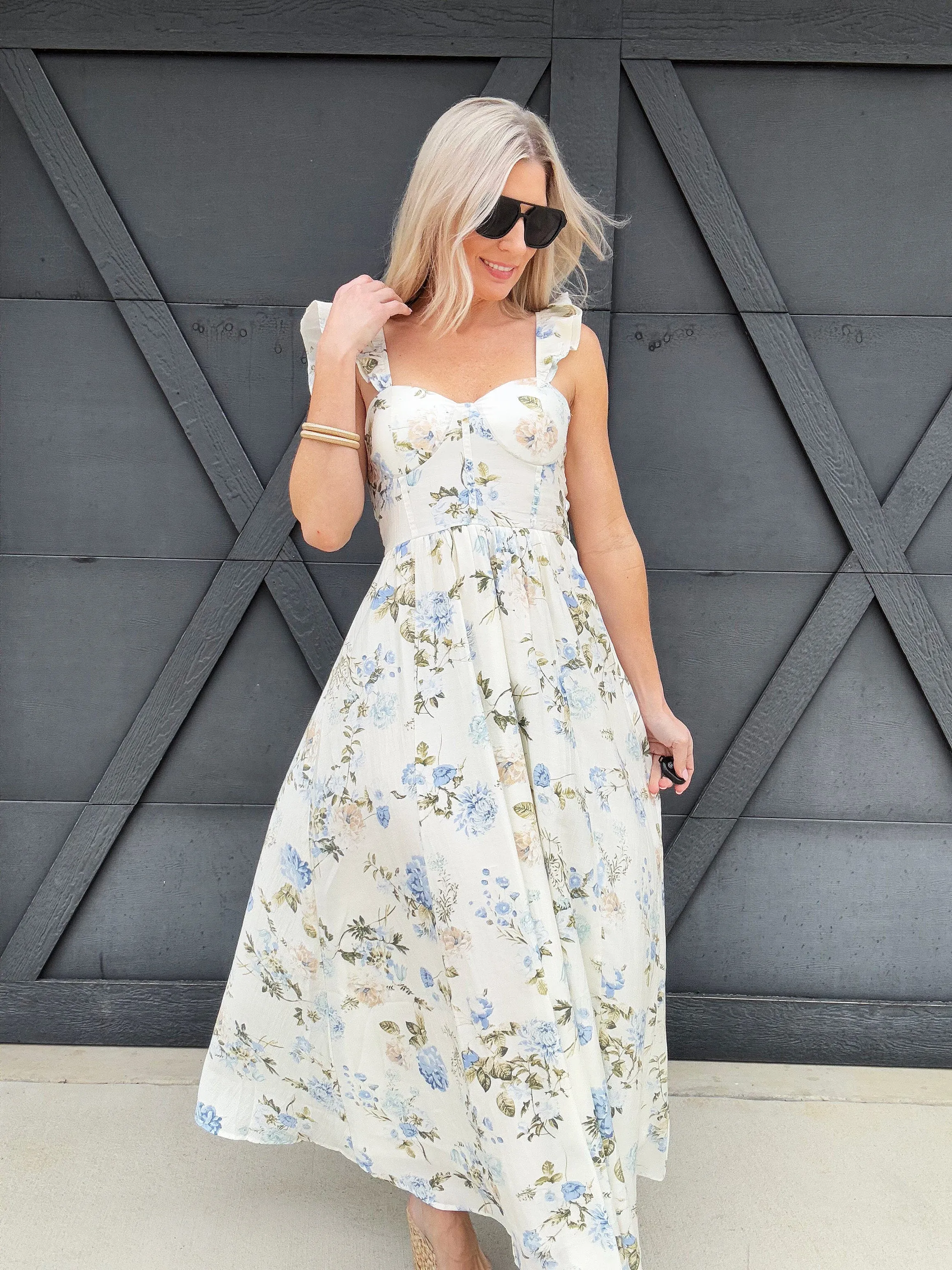 Floral Ruched Front Maxi Dress In Blue