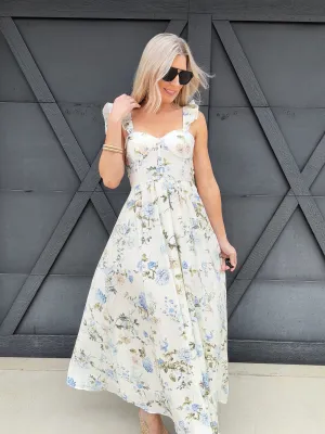 Floral Ruched Front Maxi Dress In Blue
