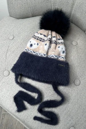 Fluffy Navy Teddy Fair Isle Pom Pom Hat