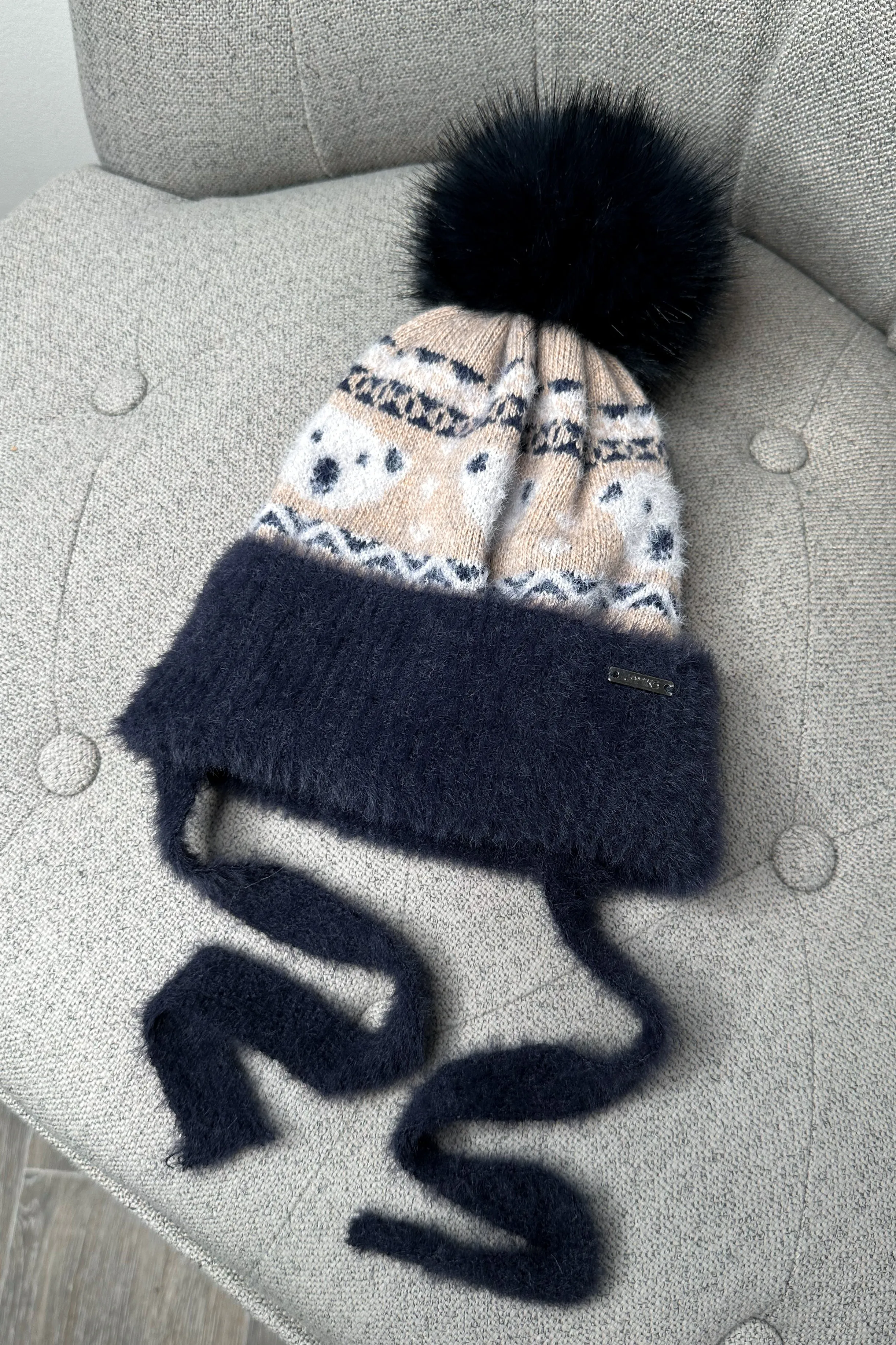 Fluffy Navy Teddy Fair Isle Pom Pom Hat