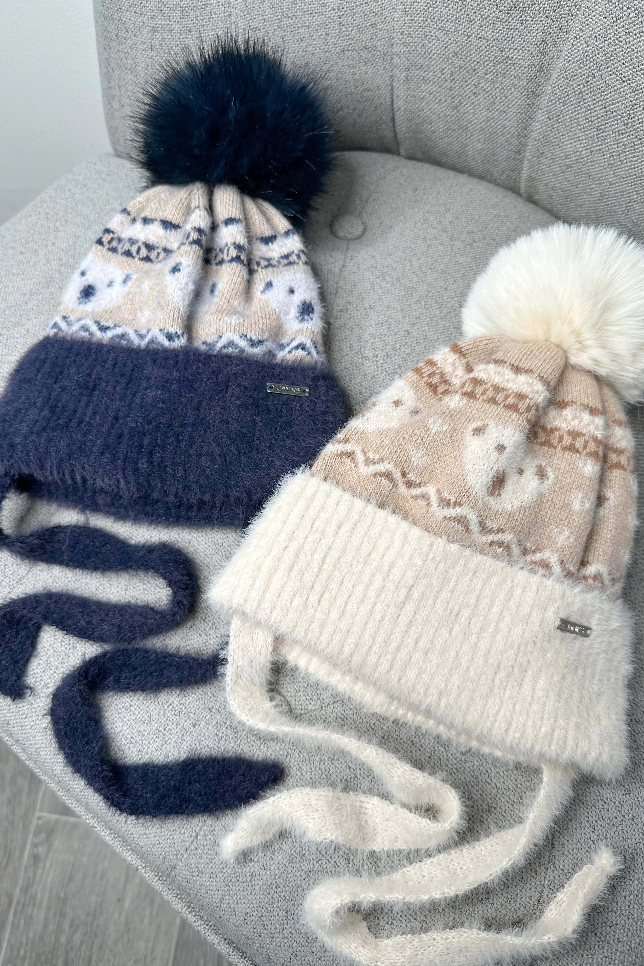 Fluffy Navy Teddy Fair Isle Pom Pom Hat