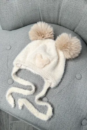 Fluffy Sand Cashmere Bear Pom Pom Hat
