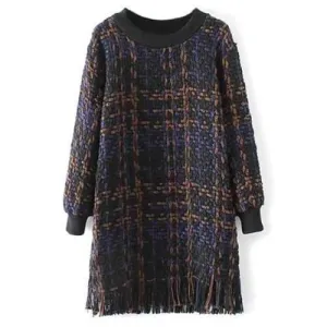 Fringed Heathered Sweater Dress - Purplish Blue M