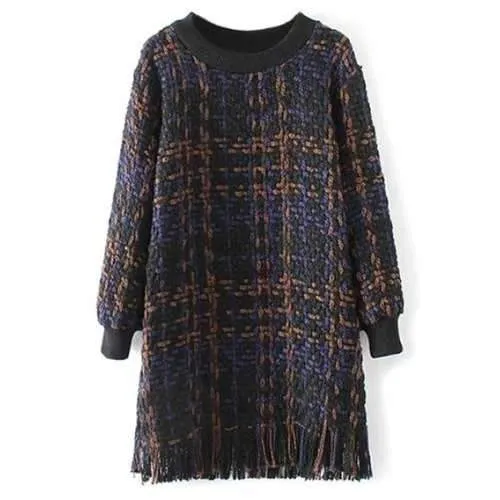Fringed Heathered Sweater Dress - Purplish Blue M