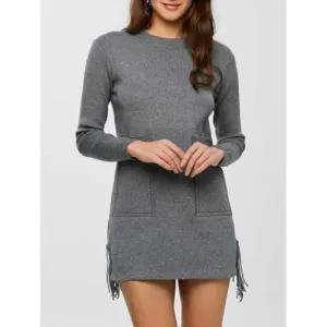Fringed Mini Sweater Dress - Gray M