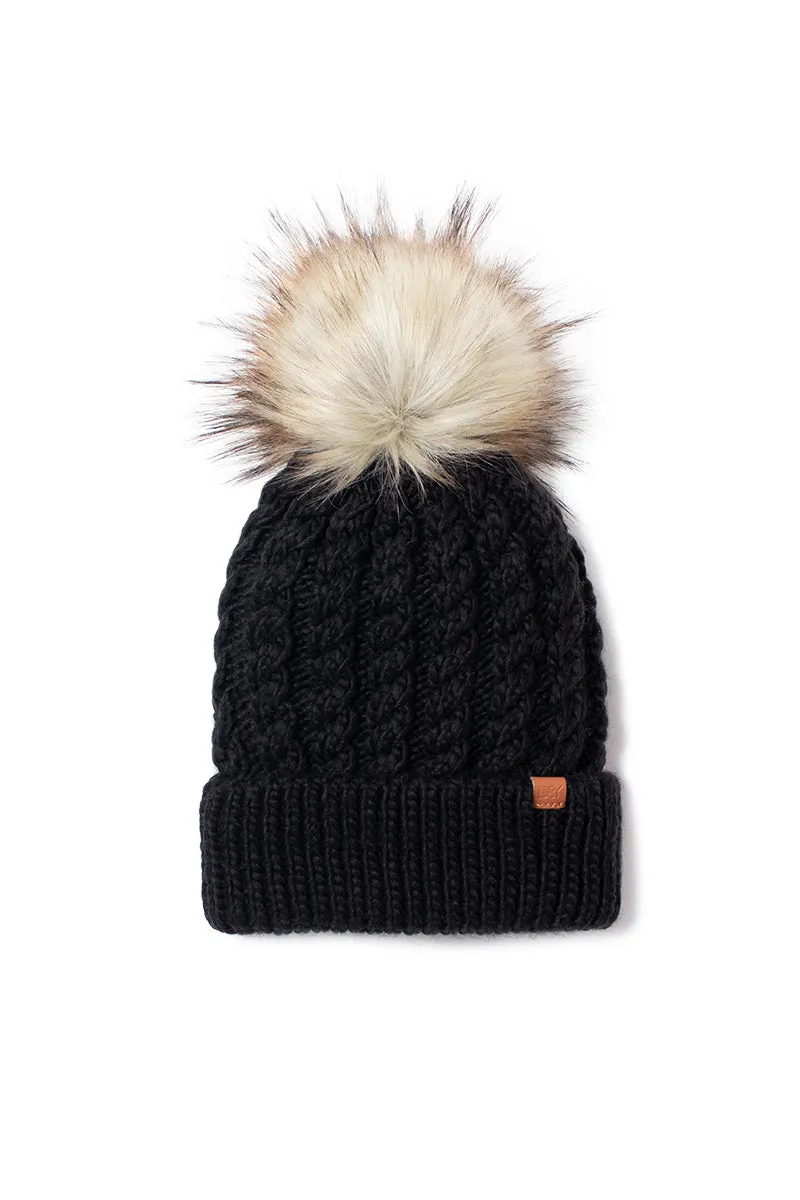 FSBB304 - Braided knit beanie with sherpa lining and faux fur pom