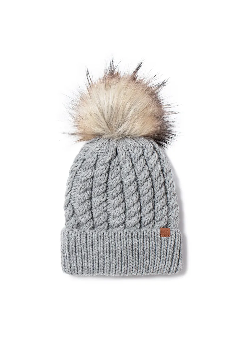 FSBB304 - Braided knit beanie with sherpa lining and faux fur pom
