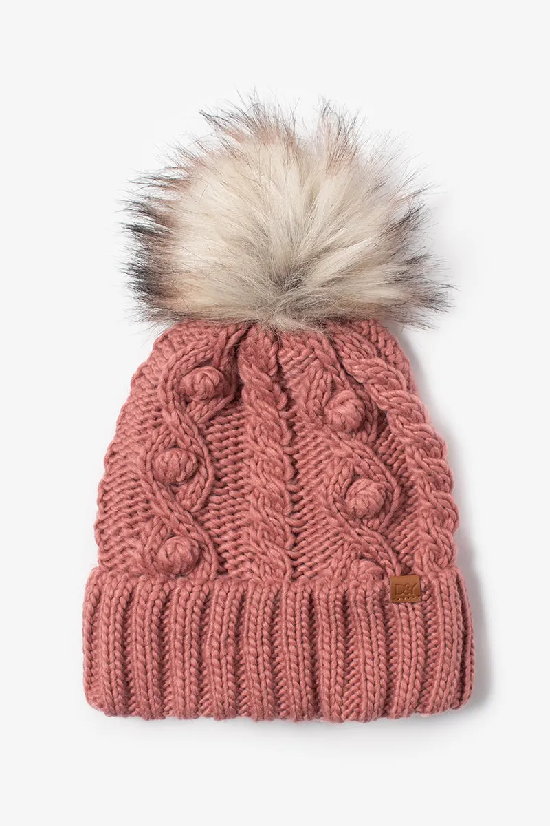 FSBB464 - Popcorn trim knit beanie with faux fur pom
