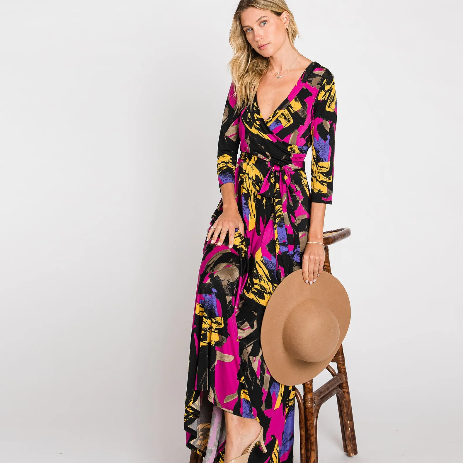 Geo Magenta Venechia Maxi Wrap Dress