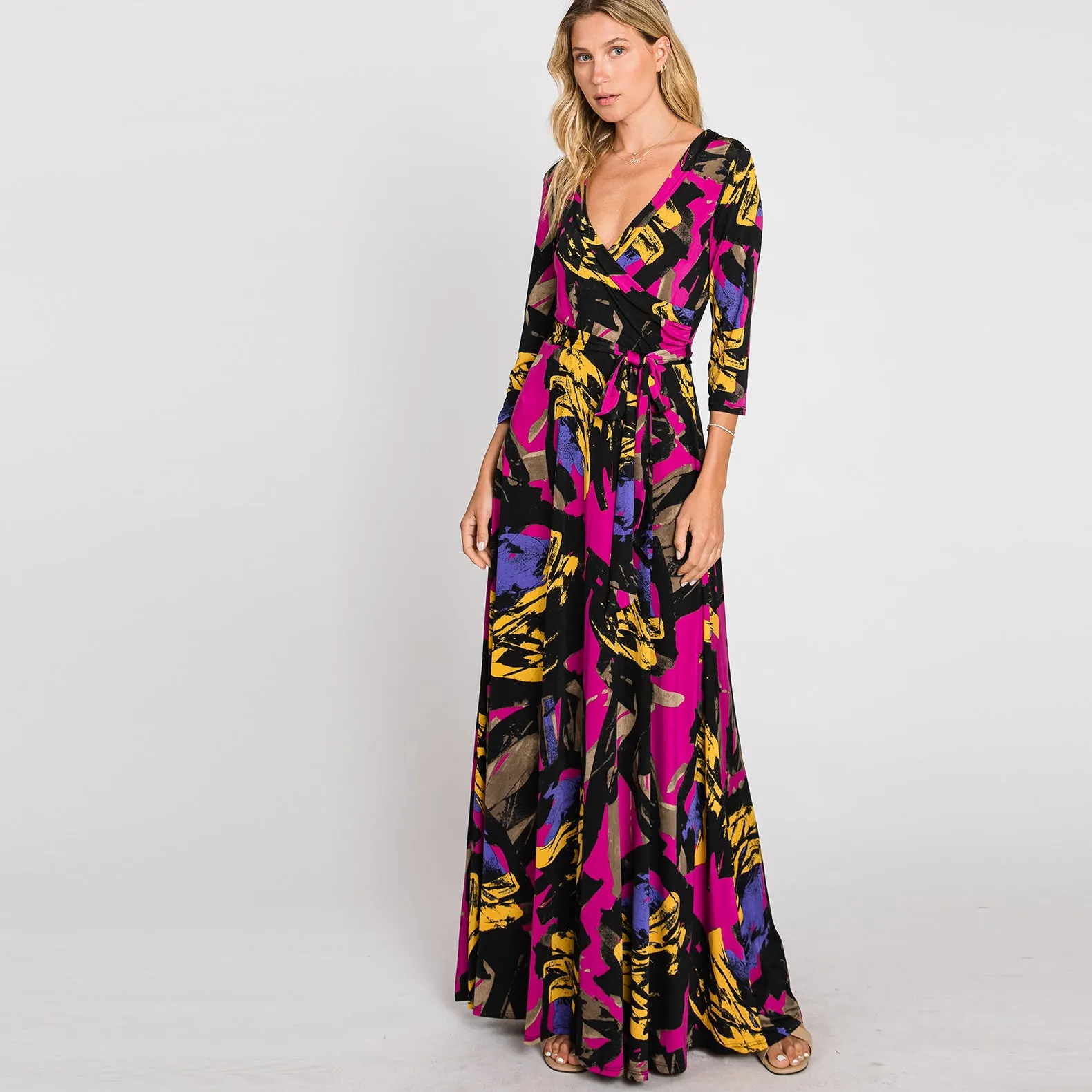 Geo Magenta Venechia Maxi Wrap Dress