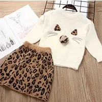 Girls Leopard Pattern Sweater Skirt Set