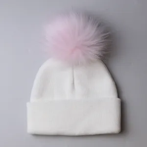 Girls Pom Hat - White & Pink - 2 to 6 years