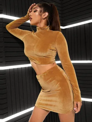 Golden Velvet Crop Top & Skirt Set