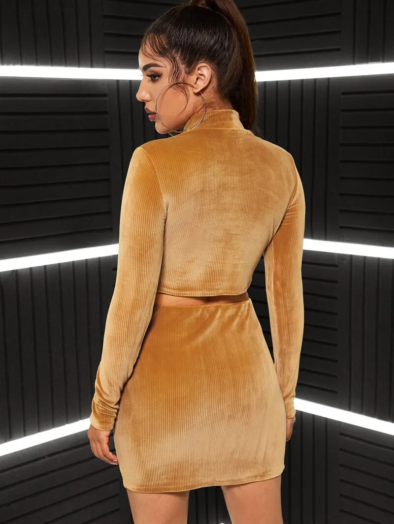 Golden Velvet Crop Top & Skirt Set