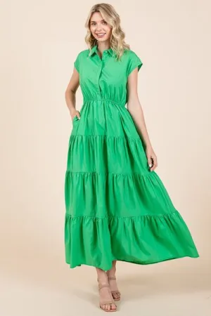 Green Button Up Collared Tiered Maxi Shirt Dress