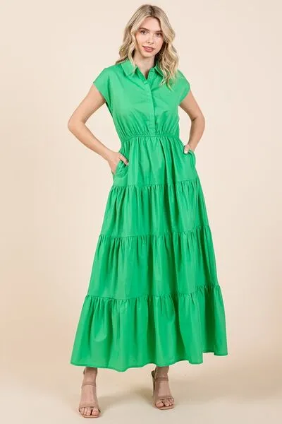 Green Button Up Collared Tiered Maxi Shirt Dress