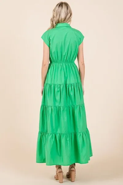 Green Button Up Collared Tiered Maxi Shirt Dress