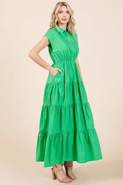 Green Button Up Collared Tiered Maxi Shirt Dress
