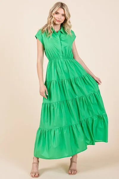 Green Button Up Collared Tiered Maxi Shirt Dress