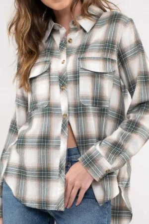 Green Multi Pocket Front Flannel Button Up