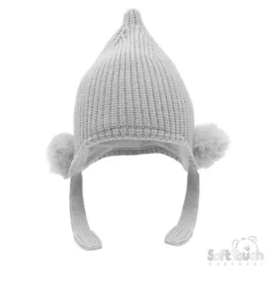 Grey Chenille Knit Hat w/Faux Fur Pom  Poms (NB-12 Months) H642-G-SM