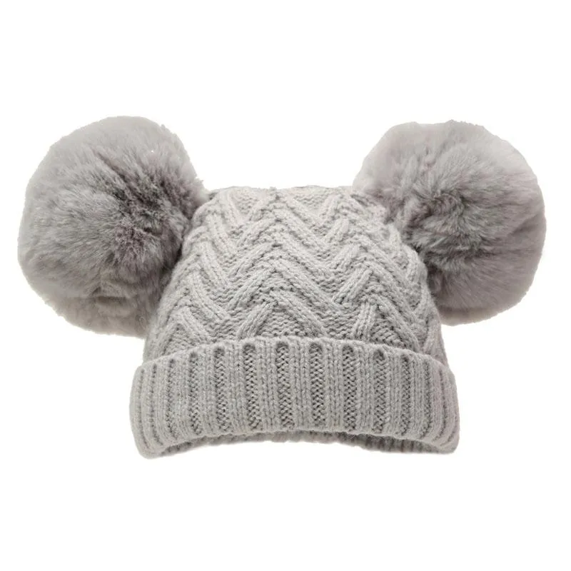 Grey 'Chevron' Knit Double Pom Pom Hat w/Cotton Lining  (0-6 Months) H630-G-SM
