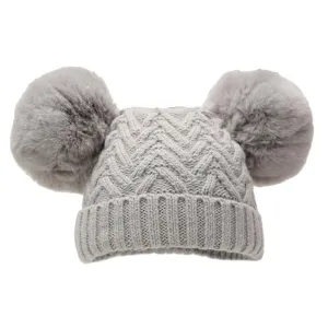 Grey 'Chevron' Knit Double Pom Pom Hat w/Cotton Lining  (0-6 Months) H630-G-SM