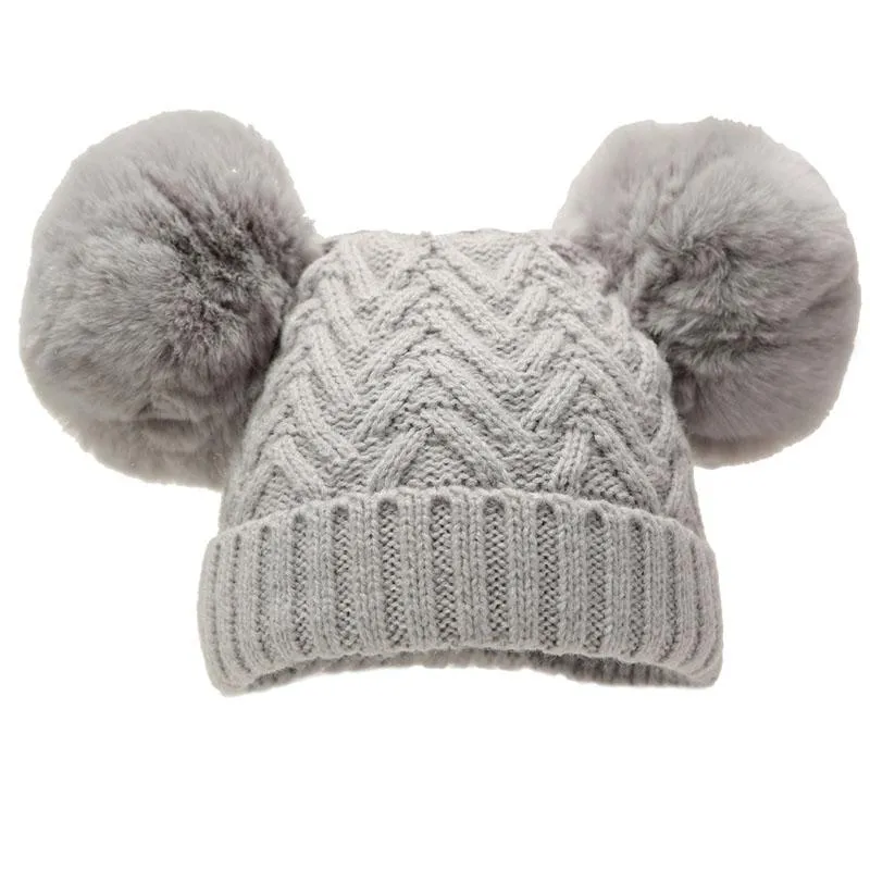 Grey 'Chevron' Knit Double Pom Pom Hat w/Cotton Lining  (6-18 Months) H632-G-MED