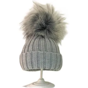 Grey Faux Fur Pom Pom Knitted Hat - 5-6y