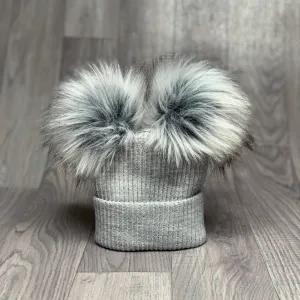 Grey Ribbed Double Pom Pom Hat