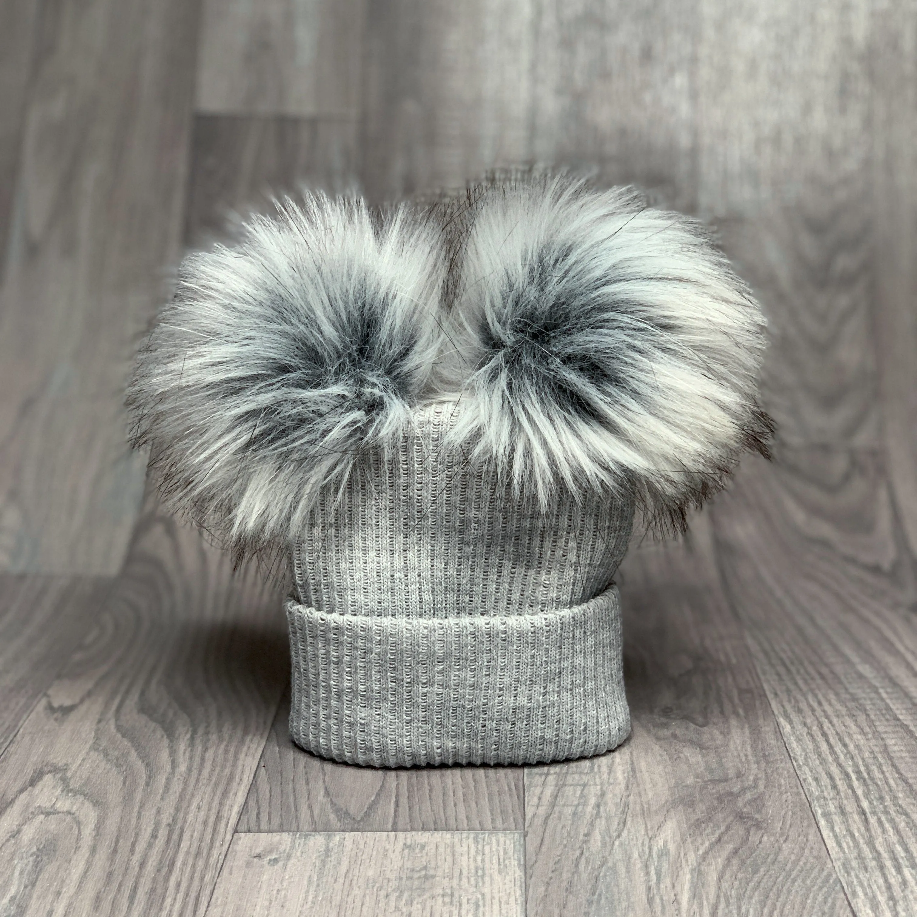 Grey Ribbed Double Pom Pom Hat