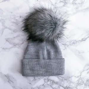 Grey Ribbed Faux Fur Pom Pom Hat