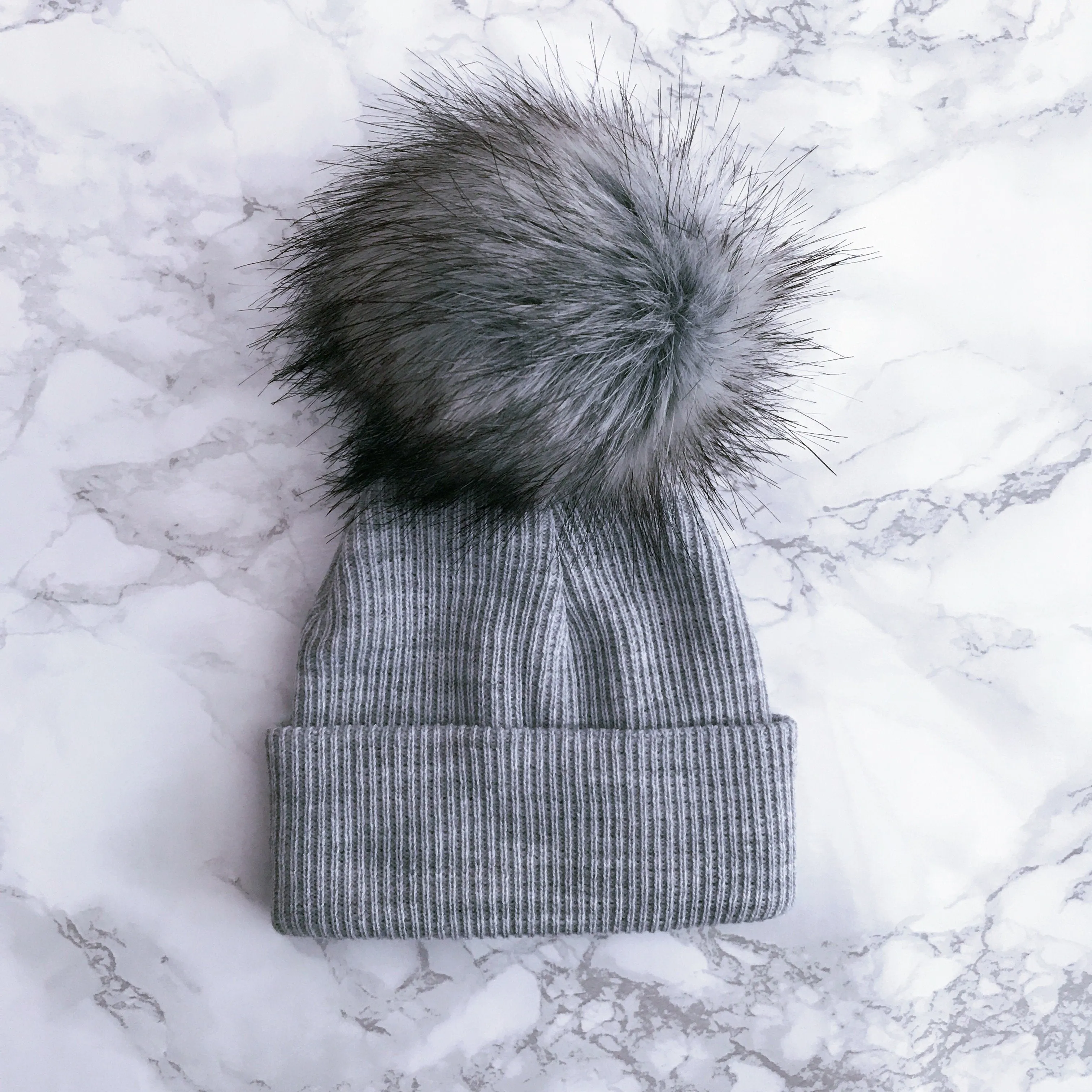 Grey Ribbed Faux Fur Pom Pom Hat