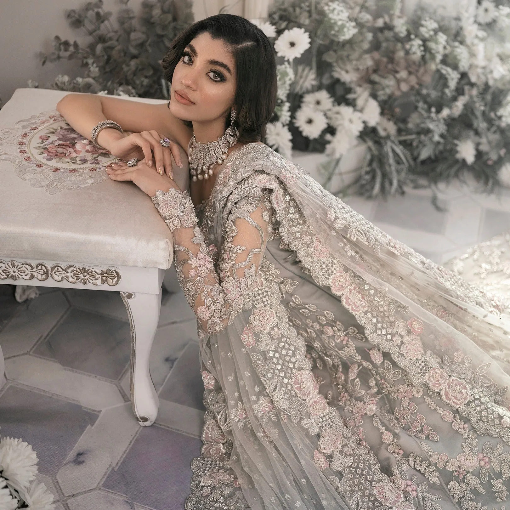 Grey Silver Bridal Lehenga Maxi Pakistani Wedding Dresses