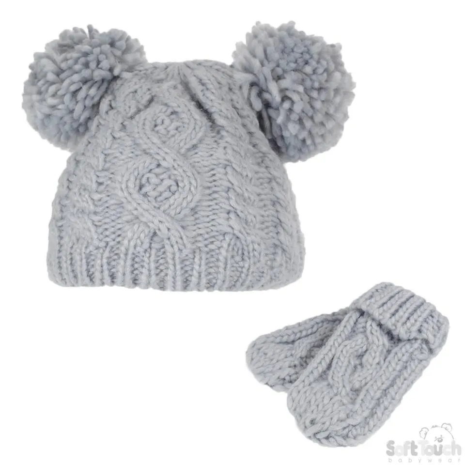 Grey/White Heavy Knit Pom-Pom Hat & Mitten Set - 0-12M (H482-GW-SM)